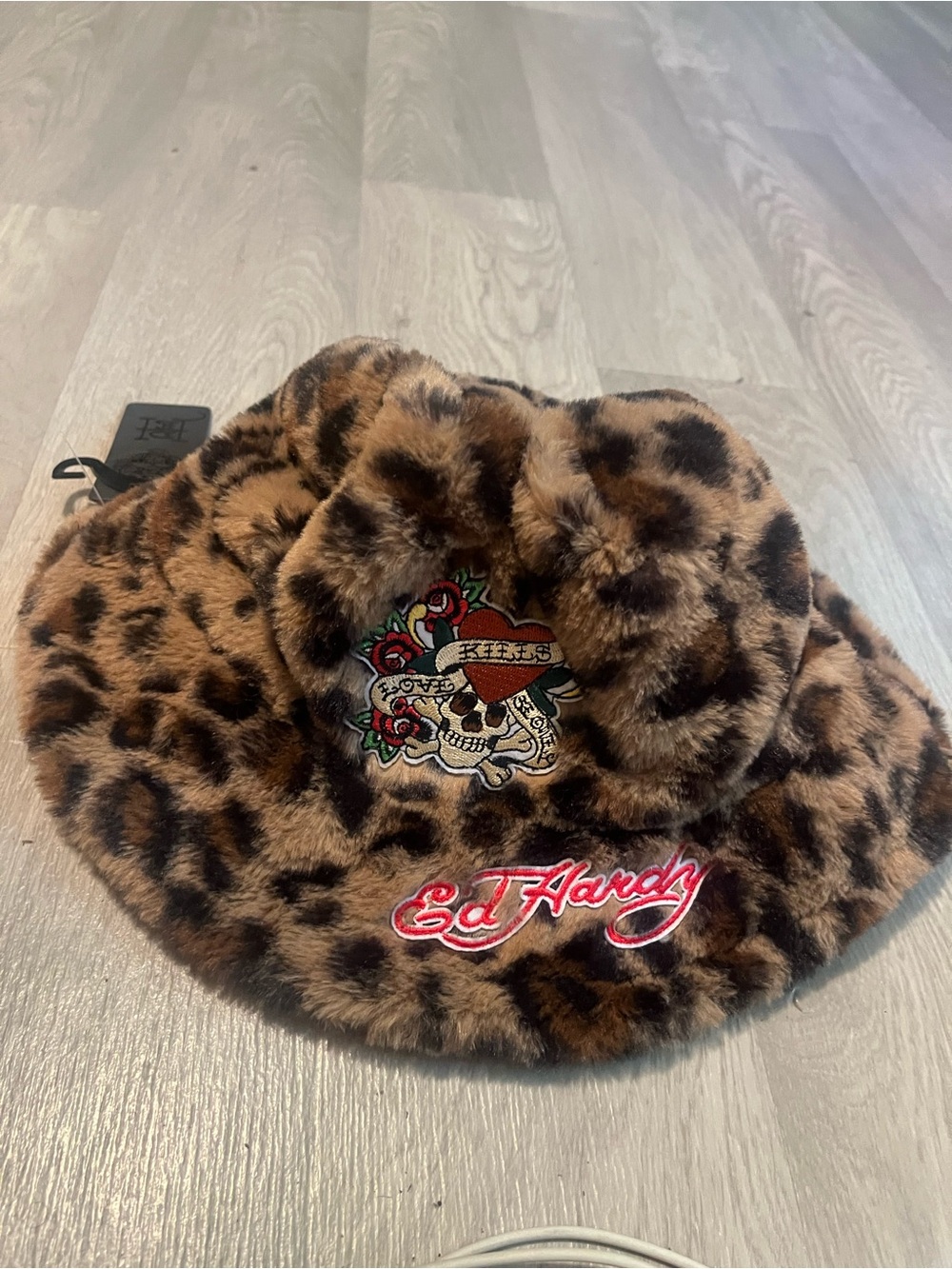 Ed Hardy Leopard Print Faux Fur Bucket Hat Grunge  - Brown